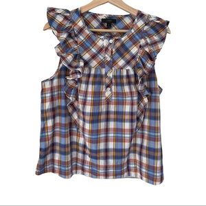 J. Crew plaid top fall colors mustard maroon ruffles cotton size 8